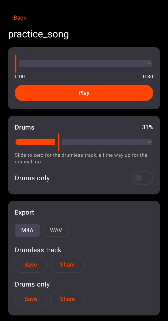 DrumFade player screen with a live drums fader set to 31 percent and export buttons for the drumless track and the drums alone