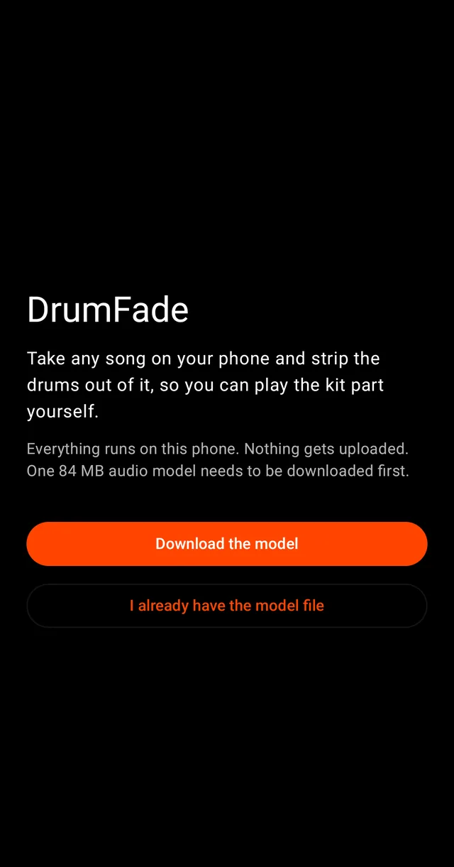 DrumFade setup screen explaining that everything runs on the phone and one 84 MB audio model downloads first